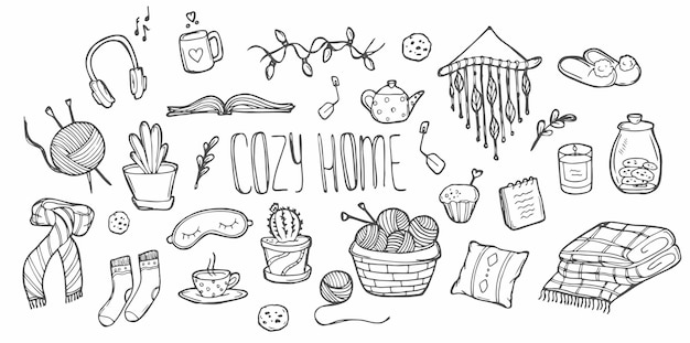 Conjunto de casa aconchegante doodle. esboços vetoriais desenhados à mão