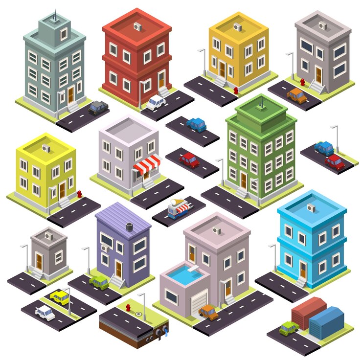 Vetor conjunto de casa e estrada com carros isométricos. ilustração vetorial