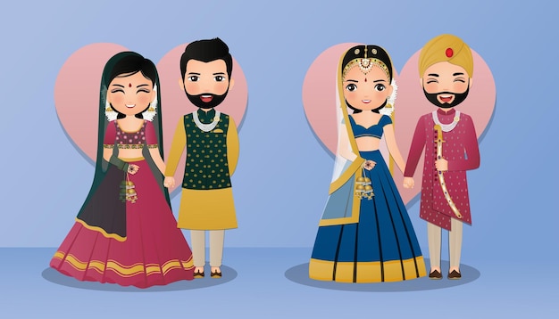 Conjunto de casal bonito em personagens de desenhos animados tradicionais vestidos indianos noiva e noivoconvite de casamento