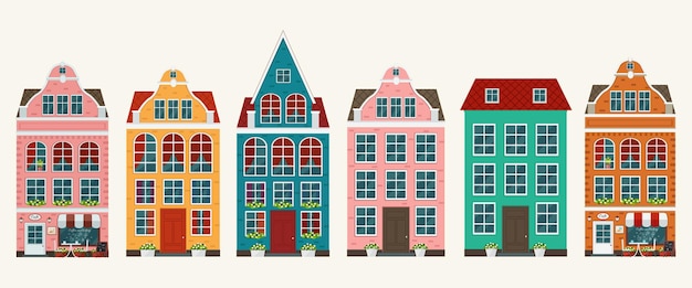 Conjunto de casas antigas europeias coloridas