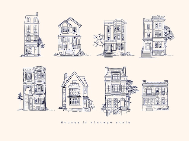 Conjunto de casas desenhando em estilo vintage antiquado com cor azul escuro