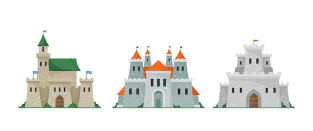 Conjunto de castelos, fortaleza fabulosa, arquitetura antiga da europa da idade média, palácios medievais com torres altas, bandeiras e telhados cônicos, isolados no fundo branco. ilustração em vetor desenho animado