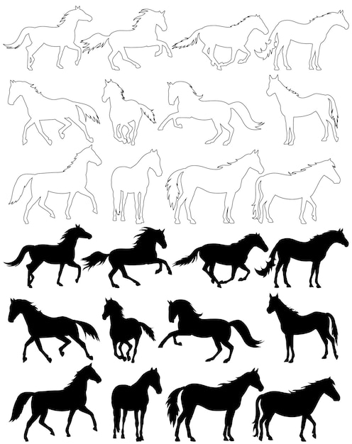 Conjunto de cavalos de silhueta preta de fundo branco