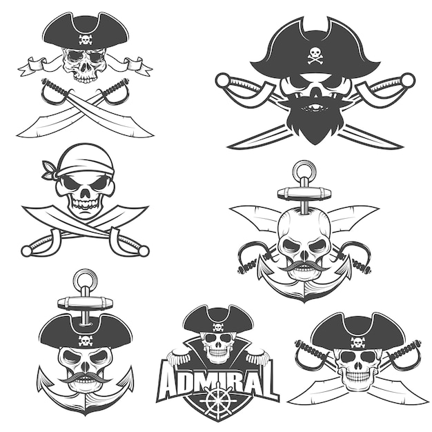 Conjunto de caveiras de pirata com espadas elemento de design para logotipo rótulo emblema sinal marca ilustração vetorial