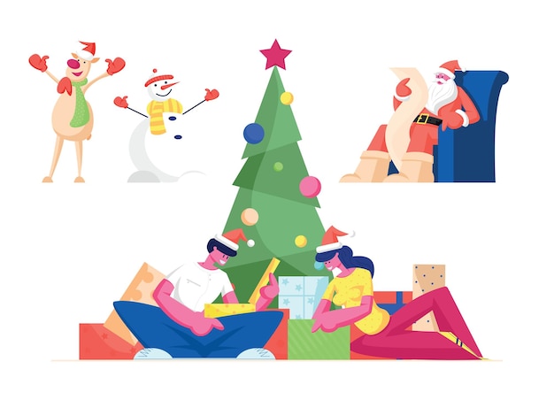 Conjunto de celebração de natal. personagens comemoram ano novo e feriados de natal.