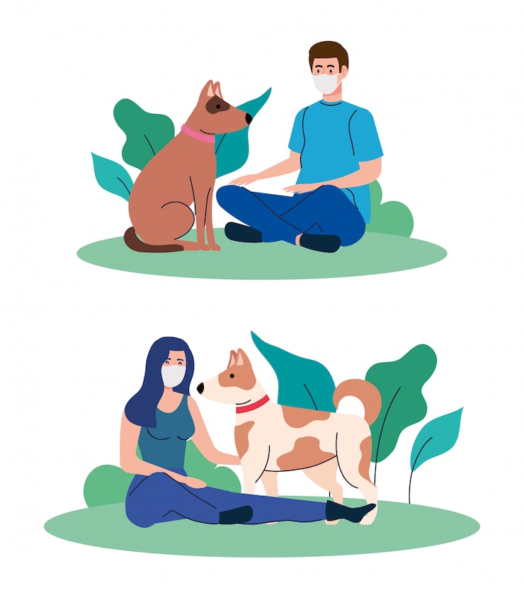 Vetor conjunto de cenas, casal usando máscara médica, com cães no exterior