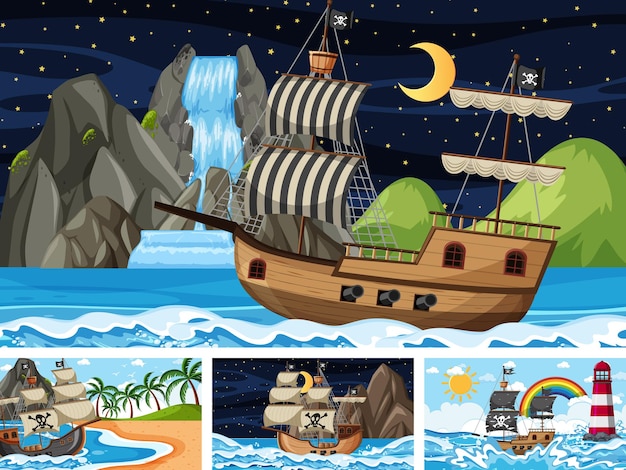 Conjunto de cenas do oceano em momentos diferentes com o navio pirata em estilo cartoon