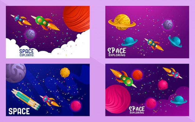 Conjunto de cenas sobre o universo, viagem espacial. desenhar. ilustração vetorial