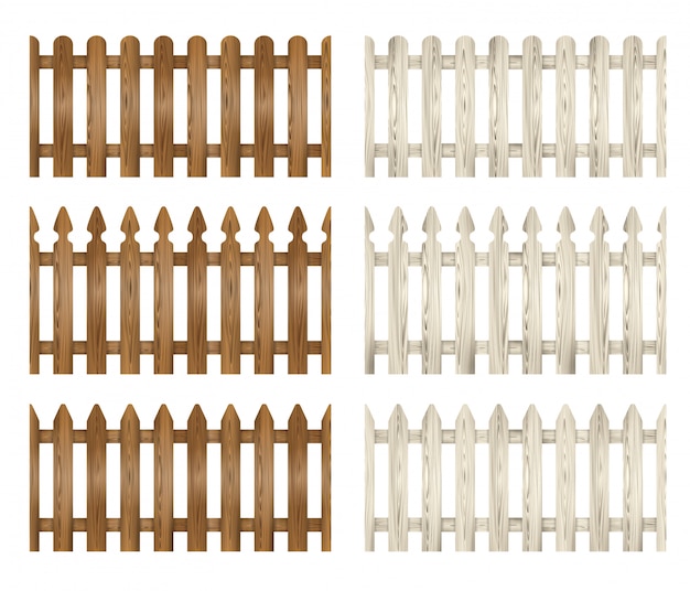 Conjunto de cerca de madeira. ilustração de cercas brancas e marrons