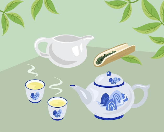 conjunto de chá de chinoiserie azul e ferramentas de cerimônia de chá