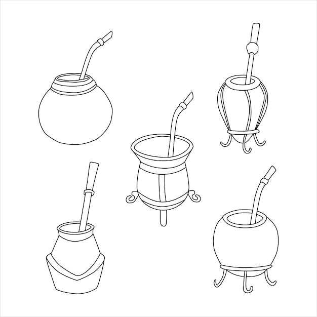 Conjunto de chá de erva-mate - cabaça e bombilla. acessório para bebida mate. estilo de contorno. ilustração em vetor desenhada à mão