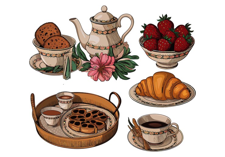 Vetor conjunto de chá de pequeno-almoço vintage com biscoitos croissants morangos e copos em estilo retro