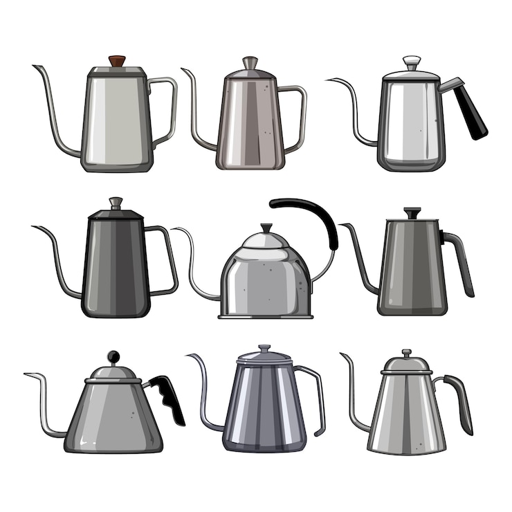Vetor conjunto de chaleira de gotejamento de aço desenho animado cozinha bule xícara de metal chá inoxidável chaleira de gotejamento de aço símbolo isolado ilustração vetorial
