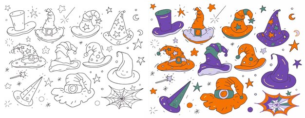 Conjunto de chapéu de mago para Halloween, chapéus coloridos, estrelas, varinha mágica, roxo, laranja