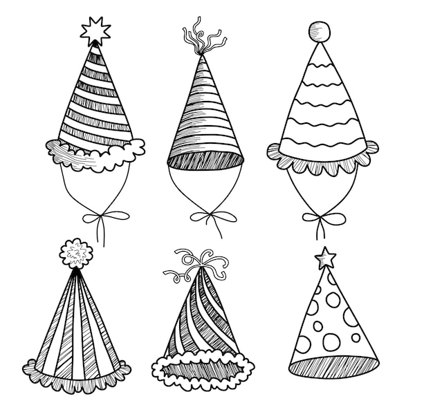 Conjunto de chapéus de festa engraçados festivos estilo escandinavo desenhado à mão