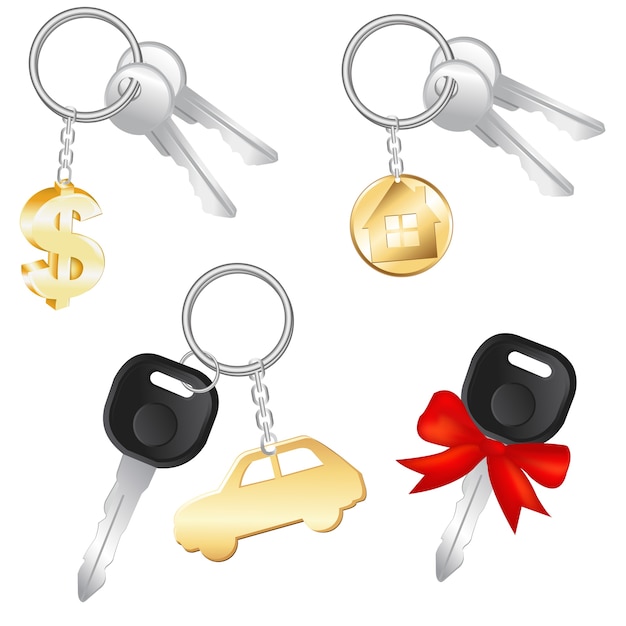 Vetor conjunto de chaves com charme em forma de dólar, carro e casa, sobre fundo branco, ilustração