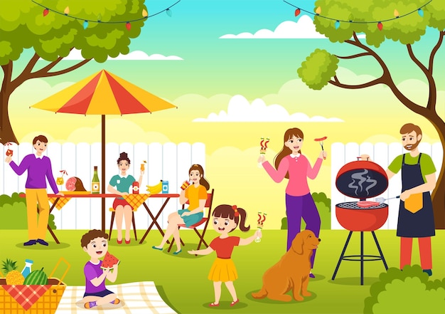 Conjunto de churrasco e grelha ilustração vetorial para crianças grelhando ou comida de festa de churrasco no parque no festival