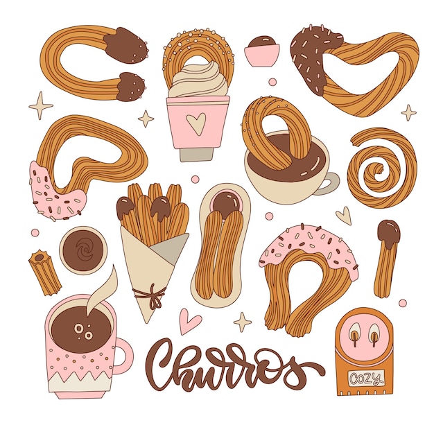 Vetor conjunto de churros de formas diferentes com calda de chocolate lanche mexicano desenhado à mão vetor de contorno vintage