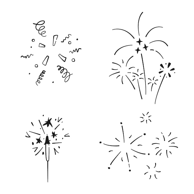 Conjunto de chuveirinho de confete doodle simples e fogos de artifício