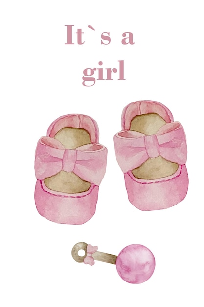 Conjunto de chuveiro de bebê aquarela é um tema de menina com sapatos é uma ilustração de menina