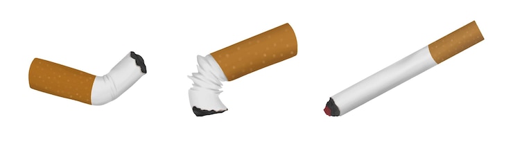 Vetor conjunto de cigarros fumados amassados acesos isolado