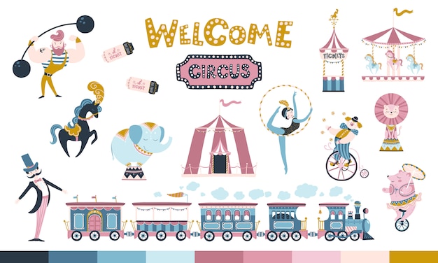 Conjunto de circo vintage. ilustração em cores pastel. estilo simples dos desenhos animados desenhados à mão. personagens fofinhos de pessoas e animais treinados, trens e passeios.