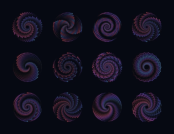 Vetor conjunto de círculos pontilhados gradientes abstratos molduras circulares pontilhadas de meio-tom