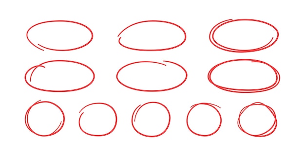 Conjunto de círculos vermelhos desenhados à mão e ovais. destacar quadros circulares