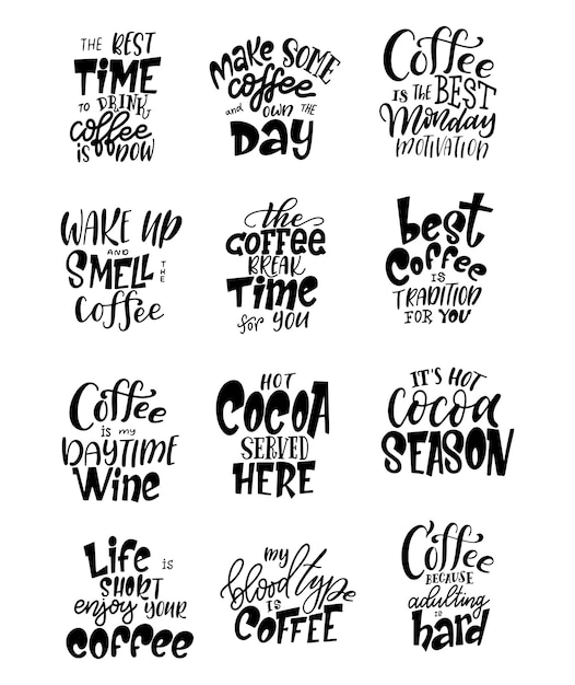 Conjunto de citações de bebida de café. caligrafia moderna de café com elementos de doodle. design gráfico de motivação de promoção. ilustração vetorial.