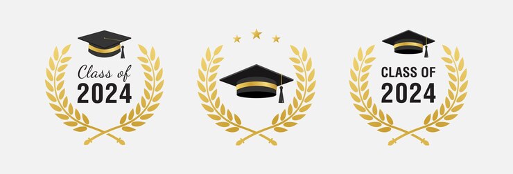 Vetor conjunto de classe de modelo de design de emblema de prêmio de formatura de 2024 isolado chapéu de formatura com louro