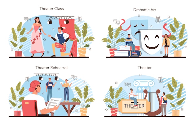 Conjunto de classe ou clube de teatro. Alunos desempenhando papéis em uma peça escolar. Jovens atores atuando em palco, arte dramática e cinematográfica. Ilustração vetorial no estilo cartoon