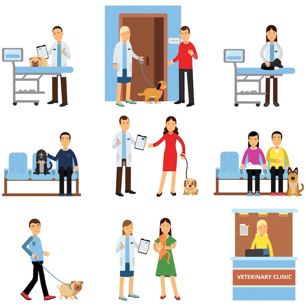 Conjunto de clínica veterinária, pessoas visitando a clínica veterinária com seus animais de estimação, médicos veterinários examinando cães e gatos Cartum ilustrações