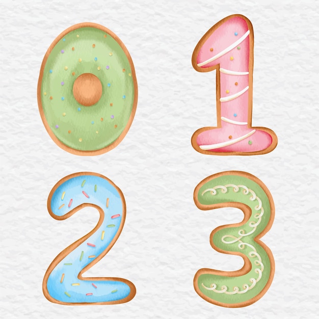Vetor conjunto de clip-art de elemento de biscoitos de número aquarela