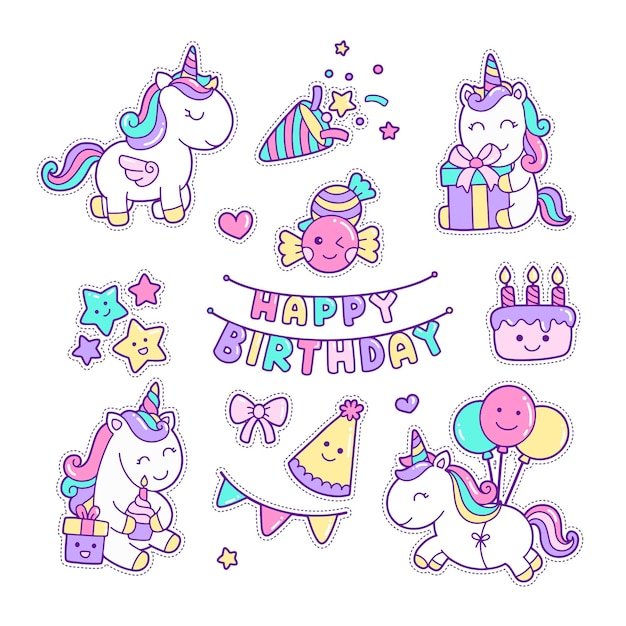 Vetor conjunto de clipart de adesivos de kawaii e unicórnios fofos de aniversário