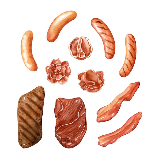 Conjunto de clipart de aquarela de produtos de carne, salsichas de bacon de carne crua e cozida e presunto Clipart vetorial