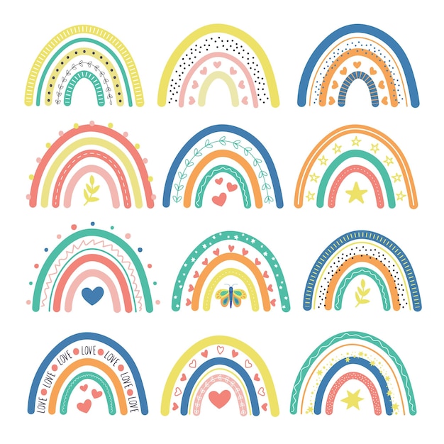 Conjunto de clipart de arco-íris boho colorido fofo