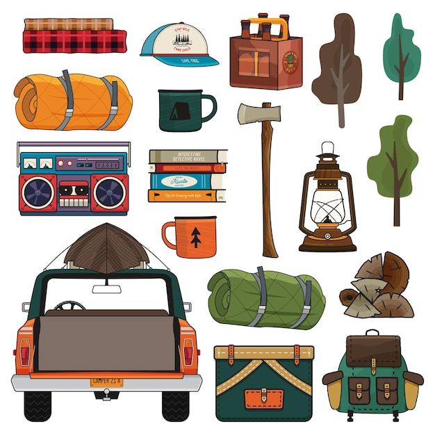 Conjunto de clipart de aventura de acampamento caminhadas de verão e coleção ao ar livre com cerveja de machado de mochila de carro de acampamento e outros elementos objetos vetoriais de estoque isolados