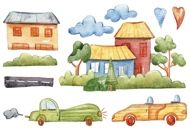 Conjunto de clipart de carro infantil bonito pintado à mão para sublimação de adesivos ilustrações engraçadas