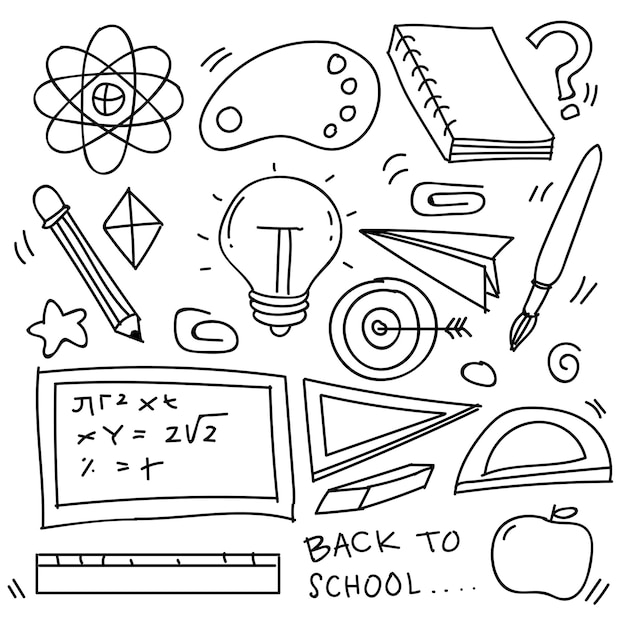 Conjunto de clipart de escola desenhado à mão. ícones escolares de doodle vetor e símbolos em estilo doodle, ilustração vetorial