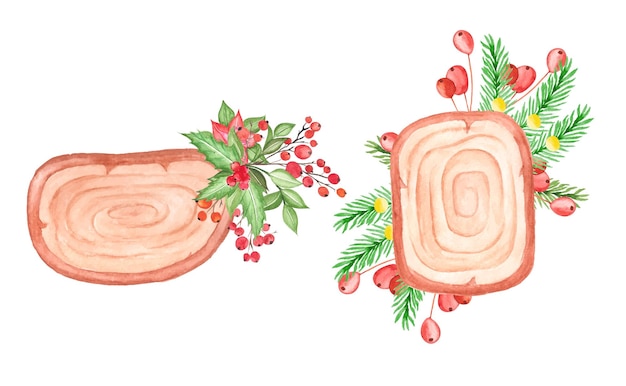 Conjunto de clipart de fatias de madeira em aquarela para decoração de natal, fatias decorativas de madeira de natal