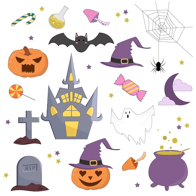 Conjunto de clipart de halloween com personagens de desenhos animados bonitos de abóboras de caldeirão e outras etiquetas de símbolos de férias