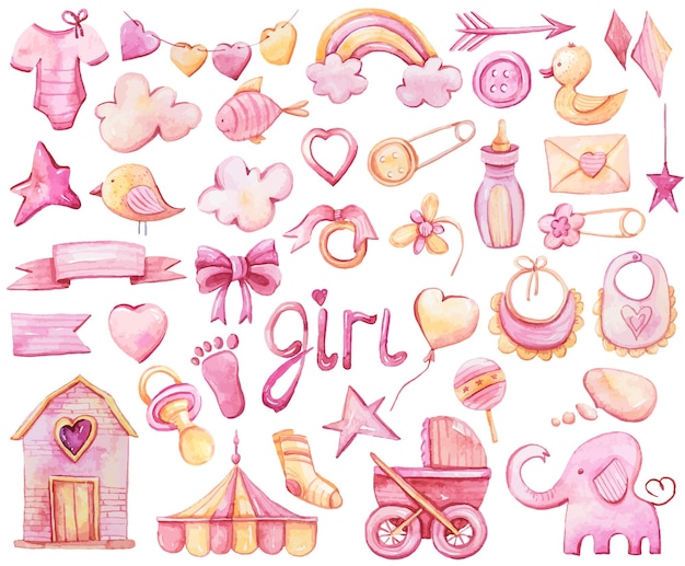 Conjunto de clipart de menina fofa em aquarela pintada à mão para sublimação de adesivos É uma ilustração de menina
