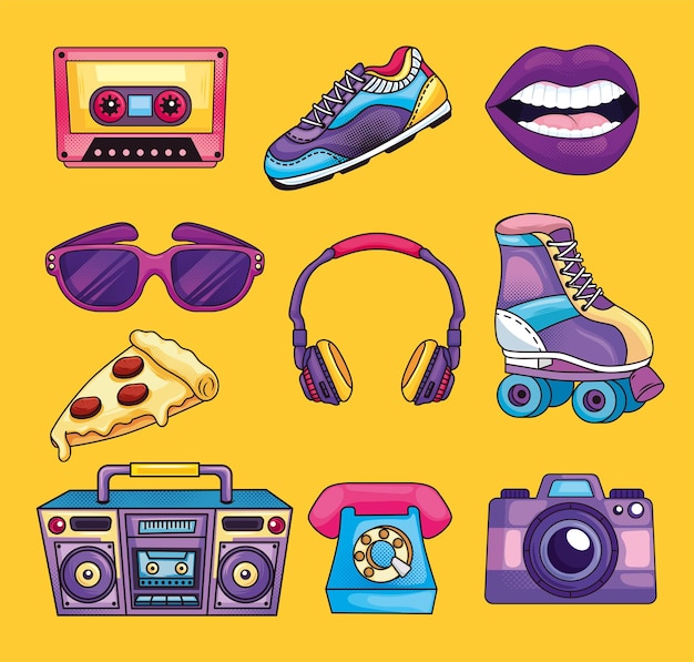 Conjunto de clipart retro com estilo dos anos 80.