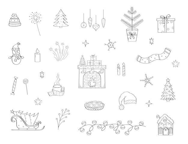 Conjunto de cliparts de Natal Ilustração vetorial de ícones doodle Elementos de design desenhados à mão para o Ano Novo e Natal