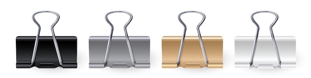 Vetor conjunto de clipes de papel realistas de vetor suporte de clipe de papel para fichário de prata e ouro branco preto