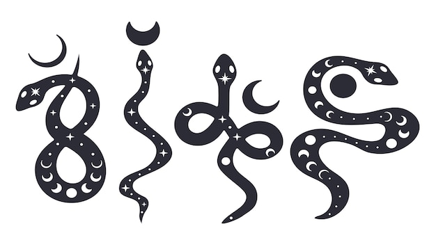 Conjunto de cobras celestiais. silhueta das fases da lua. cobras boho. ilustração vetorial