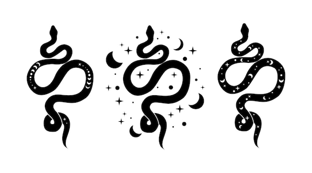 Conjunto de cobras místicas desenhadas à mão com a lua e estrelas mágicas e celestiais