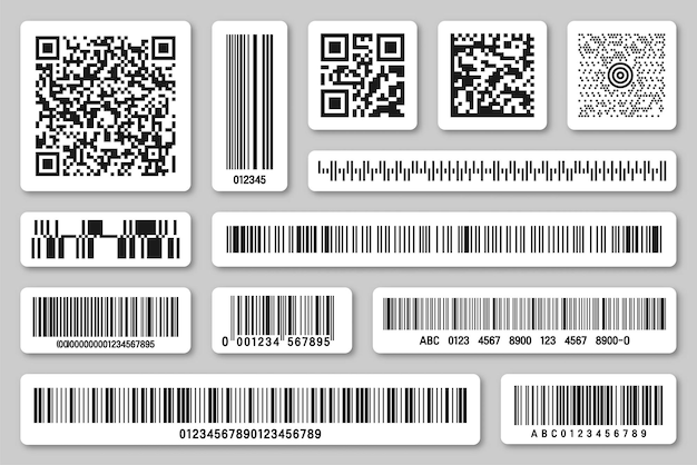 Conjunto de códigos de barras de produtos e códigos QR de identificação código de rastreamento número de série ID de produto com