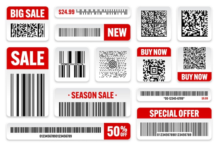 Vetor conjunto de códigos de barras de produtos e códigos qr, oferta especial, adesivos de venda, etiqueta de desconto de compras ou