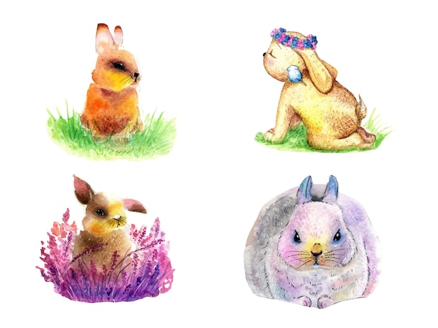Conjunto de coelhos de desenho em aquarela vetorial